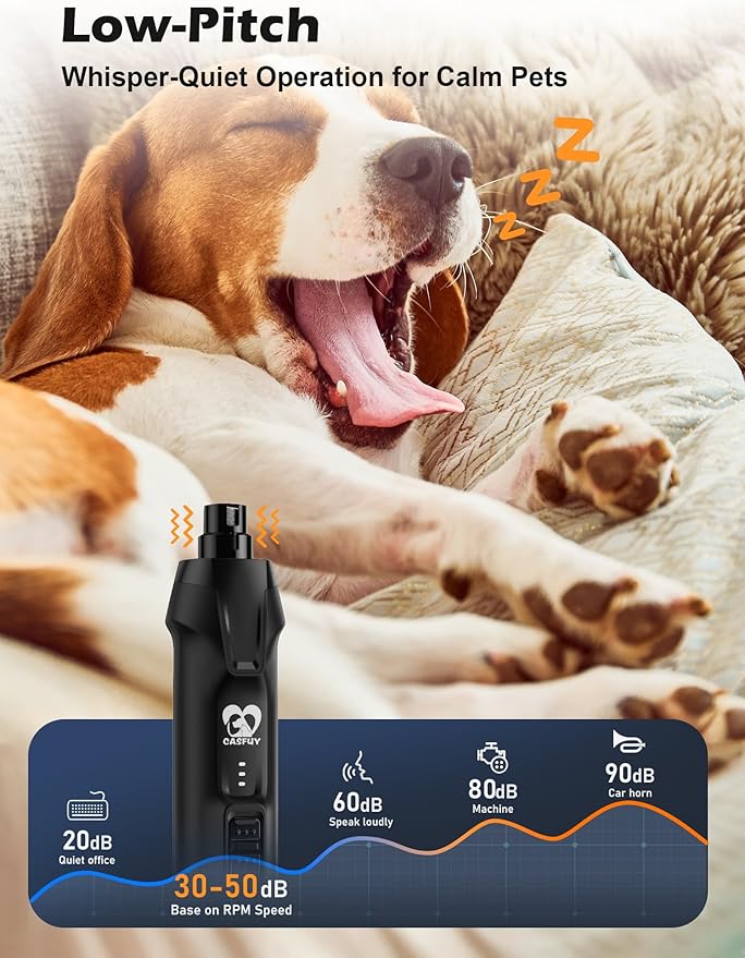 Casfuy 6-Speed Dog Nail Grinder 50%+ Boost Power Dog Nail Trimmers Quiet with Dust Cap & 2 LED Lights & 2000mAh Battery & 4.8V Motor Electric Pet Toenail File Tool for Large Medium Small Dogs Cats