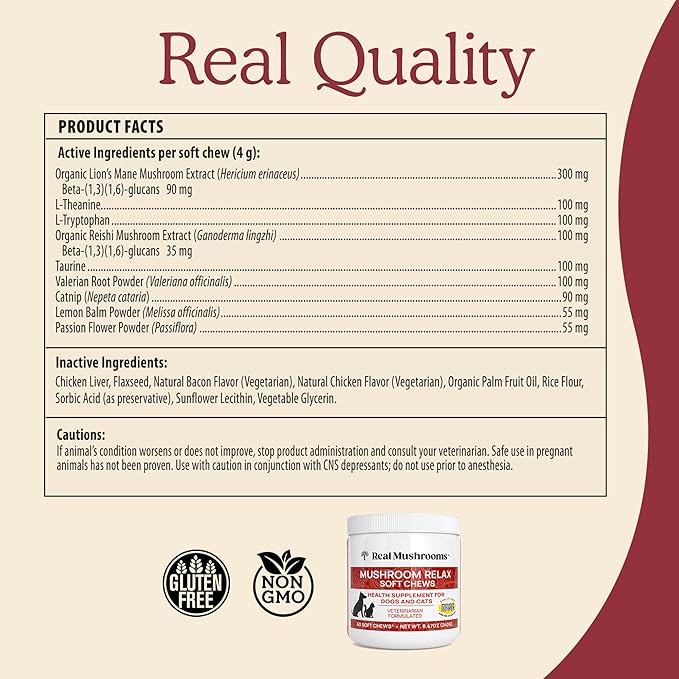 Calming Chews for Dogs & Cats – Soft Chews with Reishi & Lion’s Mane for Daily Composure – for All Breeds & Sizes – Calming Treats for Dogs: 1 Chew/20 lb Daily; Cats: ¼ Chew Twice Daily – 60 Count