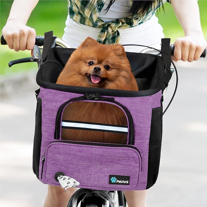 PetAmi Dog Bike Basket, Soft-Sided Ventilated Dog Bike Carrier Backpack, Dog Pet Bicycle Basket for Bike Handlebar, Small Medium Puppy Cat Kitten Car Booster Seat with Safety Strap
