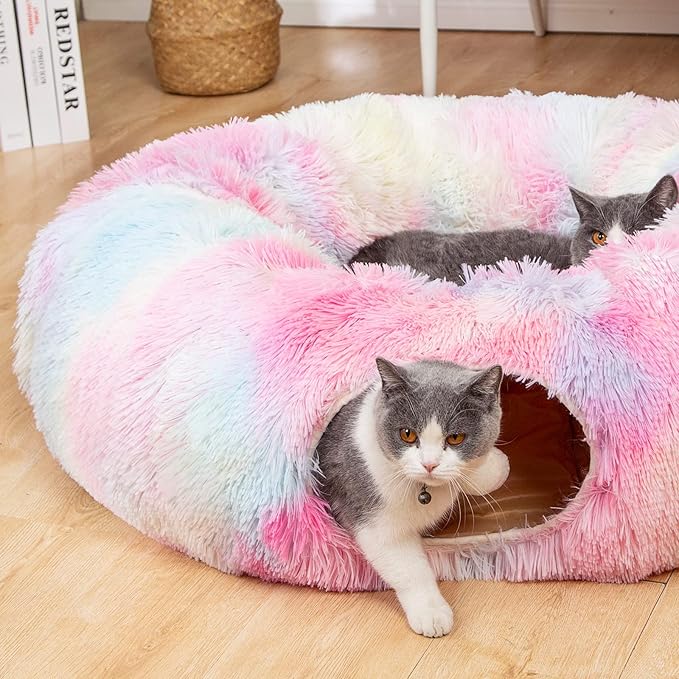LUCKITTY Warm Fluffy Plush Cat Dog Tunnel Bed with Washable Cushion-Big Tube Playground Toys 3 FT Diameter Longer Crinkle Collapsible 3 Way, for Indoor Cat Kitty Kitten Puppy Rabbit Ferret Rainbow