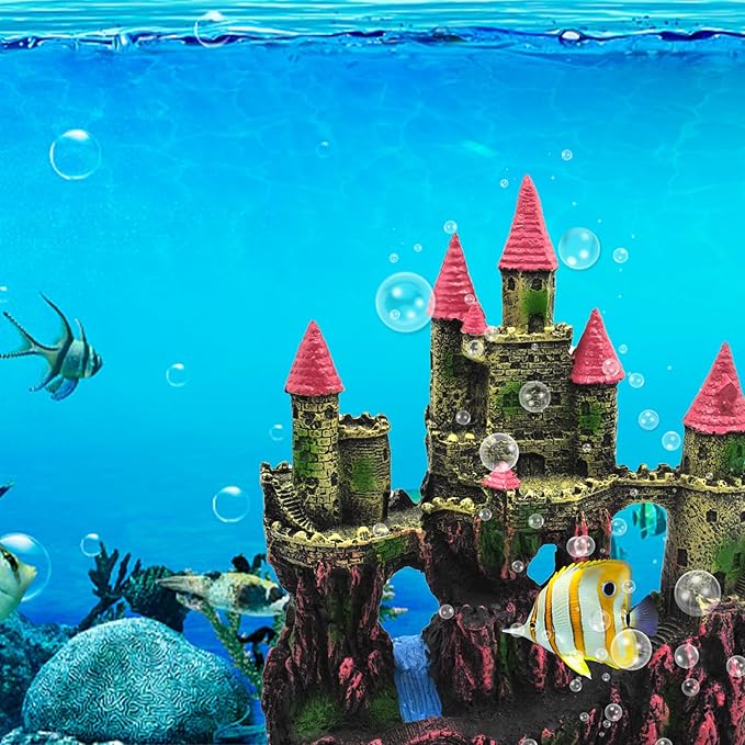 Aquarium Castle Decorations, Resin Castle for Fish Tank with Randomly Color Plants Decor Accessories for Freshwater and Saltwater Fish Tanks (Pink)