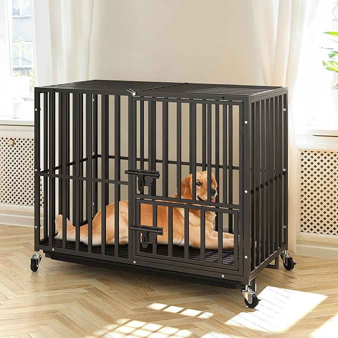 YITAHOME Heavy Duty Indestructible Dog Crate, 37 inch Escape Proof Dog Cage Kennel with Lockable Wheels, High Anxiety Dog Crate, Large Crate Indoor for Small Dog with Removable Tray