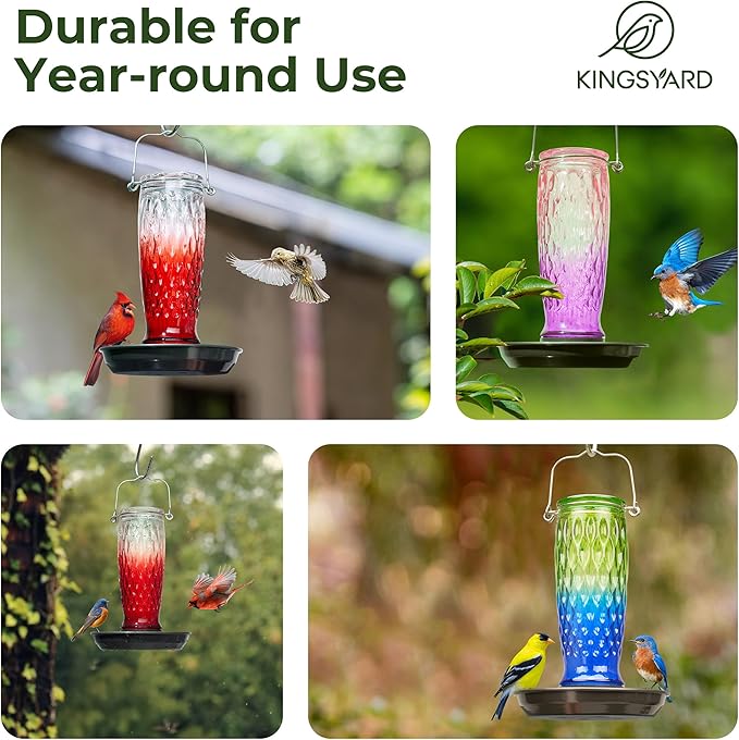 Kingsyard Bird Water Feeder for Outside, 24 Ounce, Glass Bird Water Dispenser with Metal Hanging for Garden Yard Outside Decoration, Red Gradient