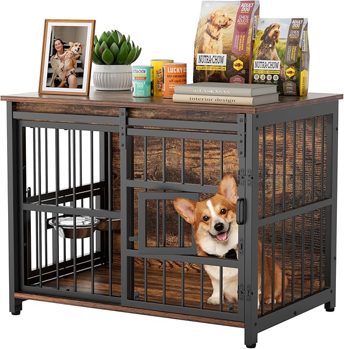 Furniture Dog Crate for Medium Dogs: Interactive Window for Anxiety Dogs, 360°Rotatable & Elevated Bowls, Heavy Duty Wooden Dog Kennel/Cage for Indoor, Double Door with Sliding Door