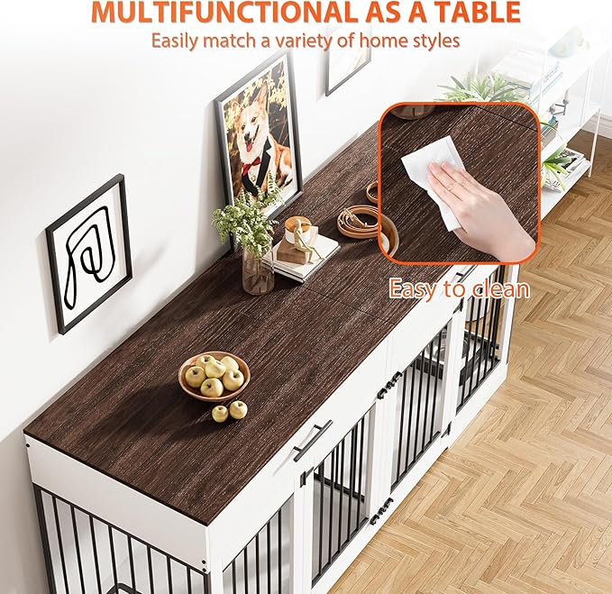 Rophefx 72" Dog Crate Furniture for 2 Dogs, Large Dog Kennel Furniture with 2 Storage Drawer and Removable Divider, Wooden Dog Cage with 4 Bowls, Indoor Dog House TV Stand for Medium Dog, White