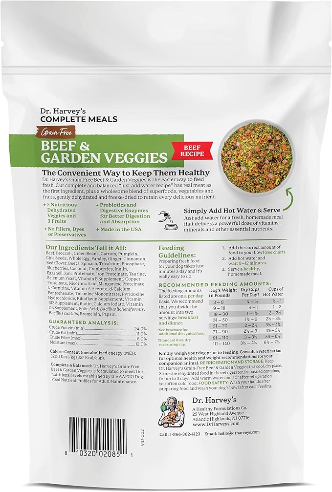 Dr. Harvey's Beef & Garden Veggies Dog Food, Human Grade Grain-Free Dehydrated Food for Dogs with Freeze-Dried Beef, Trial Size (5.5 Oz)