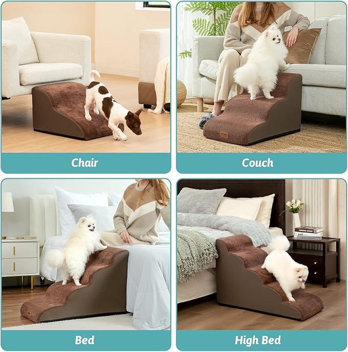 Dog Stairs for Small Dogs, Curved Pet Step with Leakproof Cover, High Density Foam Cat Ramp for Bed or Sofa, Lightweight, Durable, Comfort, 15.7x22.4x15.7 inch, 3 Tiers, Brown