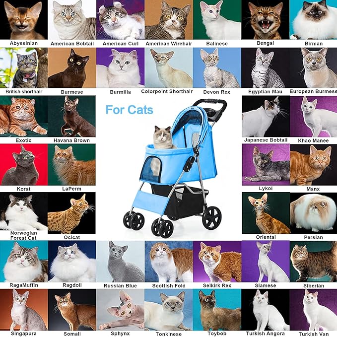 Dog Stroller for Small Dogs, Portable Pet Stroller for Cats Folding Puppy Stroller Lightweight Dog Cat Cage Jogger Stroller with Storage Basket and Cup Holder, 4 Wheels, Blue