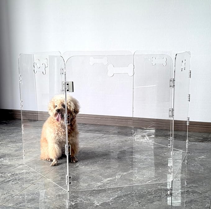 Acrylic Dog Playpen for House 6 Panels 120" W x 24" H Preassemble Foldable Clear Dog Gate Indoor with Handles, Free-Standing Pet Fence for Doorways Dog Pen for Medium Dogs Puppy Cat Rabbit