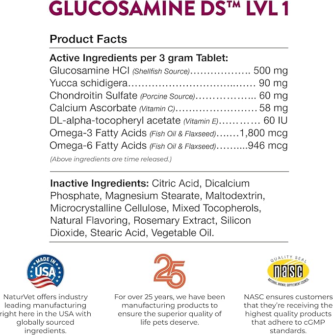 NaturVet Glucosamine DS - Level 1 Maintenance Care | Preventative Care to Maintain Healthy Cartilage & Joint Function | Enhanced with Glucosamine & Chondroitin | for Dogs & Cats (240 Tablets)