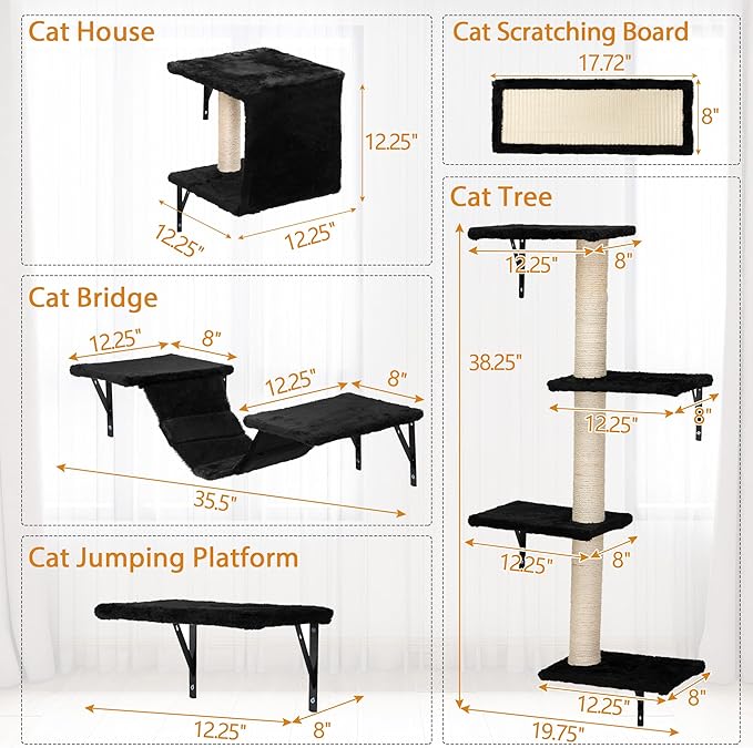 Cat Wall Shelves, Wall Mounted Cat Furniture, Cat Wall Climber with Bridge, Perches, Ledges and Beds, Kitty Jungle Gym for Wall, Set of 5 (Black)