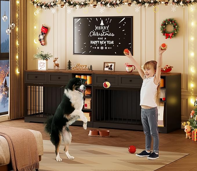 IDEALHOUSE 47” Large Dog Crate, Dog Kennel Indoor with 2 Drawers and 4 Shelves, Dog Crate Furniture TV Stand, Wooden Dog Cage for Medium Large Dogs, Black