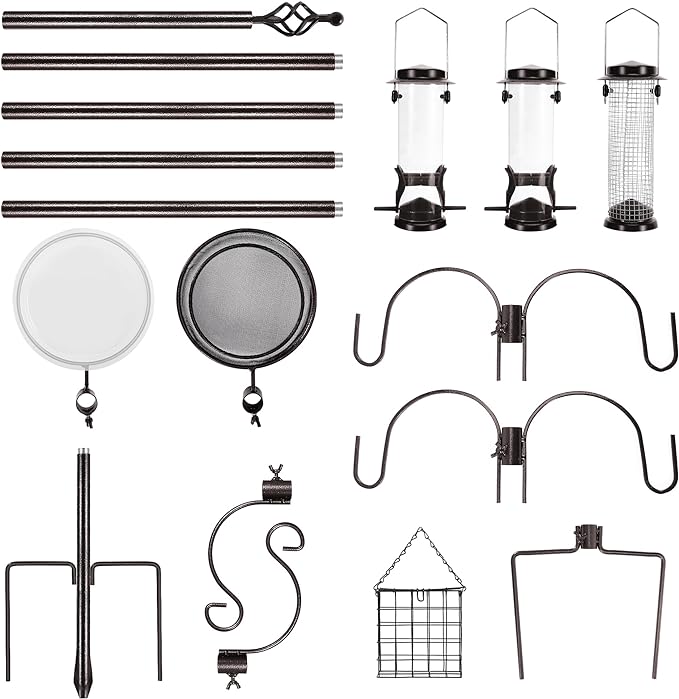 6-Hook Bird Feeding Station Kit, Wild Bird Feeder Stand Pole, Multi-Feeder Kit Stand with 4 Feeders, Bird Bath and Mesh Tray, 94 Inch