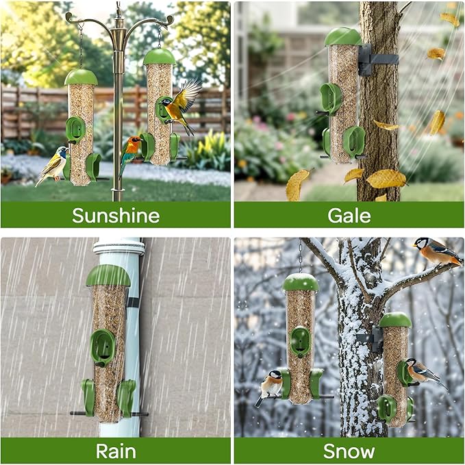 LONA Bird Feeders for Outdoors 2 Pack, Tube Feeder Weatherproof with Multiple Hanging Methods, Wild Bird Feeding Silo for Outside, 3 Port
