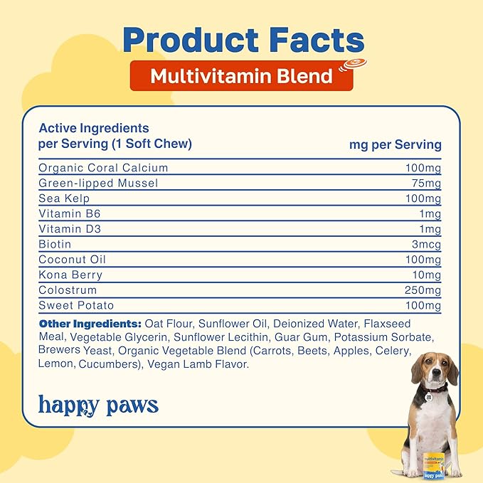 Happy Paws 10-in-1 Multivitamin Supplement for Dogs, Daily Nutritional Support for All Breeds & Ages, Made with Coconut Oil, Vitamin D3 and Biotin, Vegan Lamb Flavor, Organic, Non GMO, 200 Soft Chews