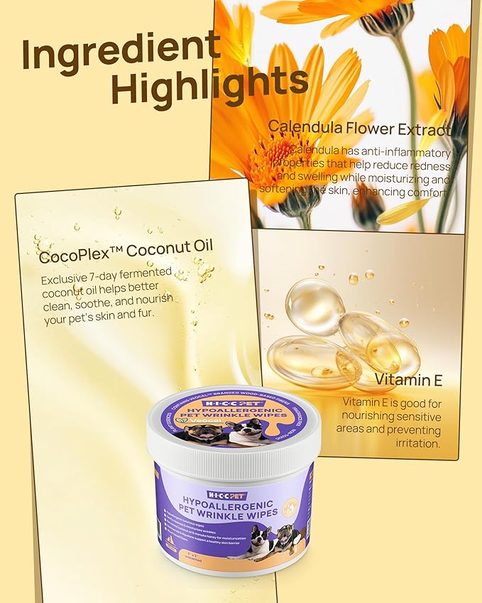 HICC PET Wrinkle Wipes for Dog & Cat, Cleaning Deodorizing Nourish Fur Coconut Oil Grooming Pet Wipes, Hypoallergenic - 100 Count