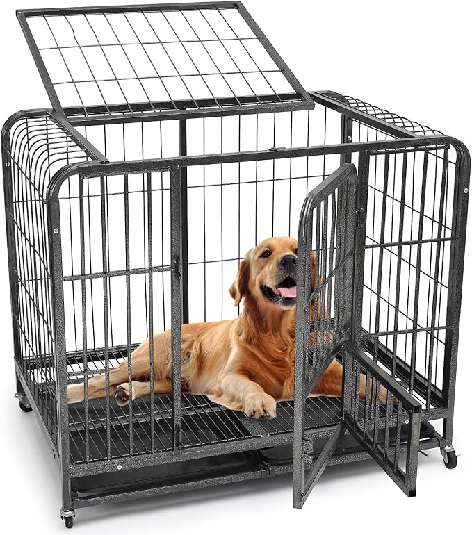 36 Inch Dog Cage for Medium Size Dogs, Heavy Duty Dog Crate with Removable Tray, Metal Dog Kennel Indoor Escape Proof, High Anxiety Crate with Double Doors, Lockable Wheels