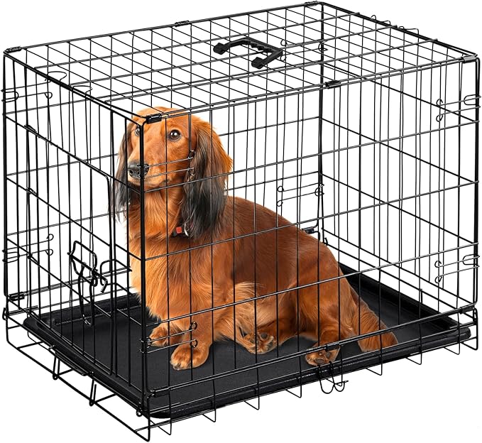 DUMOS Dog Crate, 24 Inch Medium Single Door Dog Cage with Divider Panel and Plastic Leak-Proof Pan Tray, Folding Metal Wire Pet Kennel for Indoor, Outdoor, Travel