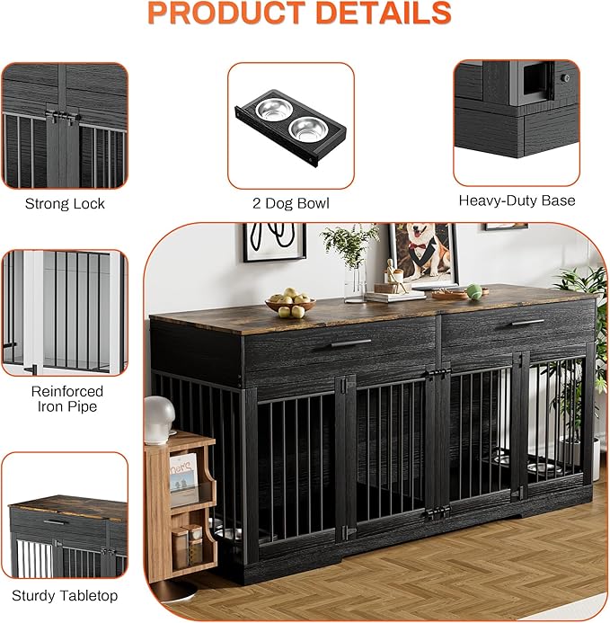 Rophefx 72" Dog Crate Furniture for 2 Dogs, Large Dog Kennel Furniture with 2 Storage Drawers and 4 Bowls, Wooden Dog Cage with Removable Divider, Indoor Dog House TV Stand for Medium Dog, Black