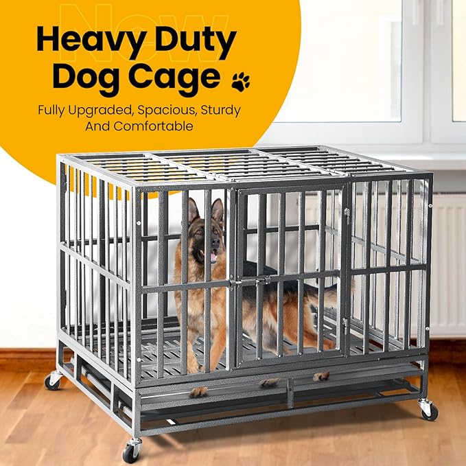 38 inch Heavy Duty Indestructible Dog Crate,2025 New Upgraded Reinforced Baseplate for Large Dogs,XL Dog Crate for High Anxiety Dogs/Max Load Capacity 200lbs/Double Door with Wheelsï¼_ilverï¼