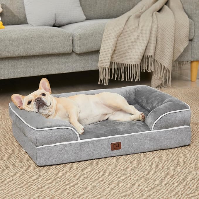 EHEYCIGA Orthopedic Dog Bed for Small Dogs, Waterproof Memory Foam Small Dog Beds with Sides, Non-Slip Bottom and Egg-Crate Foam Medium Dog Couch Bed with Washable Removable Cover, Grey