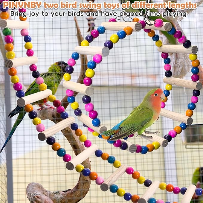 PINVNBY 2 PCS Extra Large Bird Ladder Toys, Wooden Parakeet Swing Toys with Colored Beads, Bird Cage Accessories for Parrot Macaws African Greys Conure Cockatiel (25.6''-10 Steps and 39.3''-18 Steps)