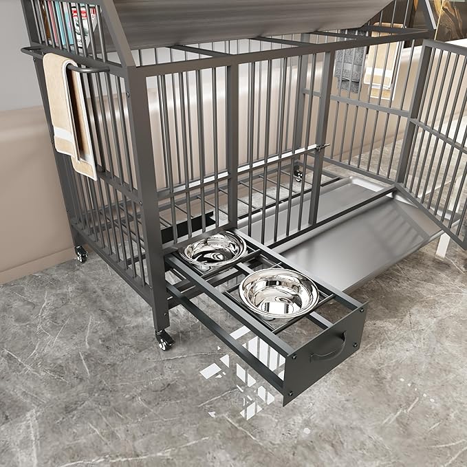 KEIKI 47 Inch Dog Crate Furniture for Large Medium Dogs, with Storage Shelves and Bowls, Indoor Dog Cage with 360° Caster Wheels & Flip-top Plate, Grey