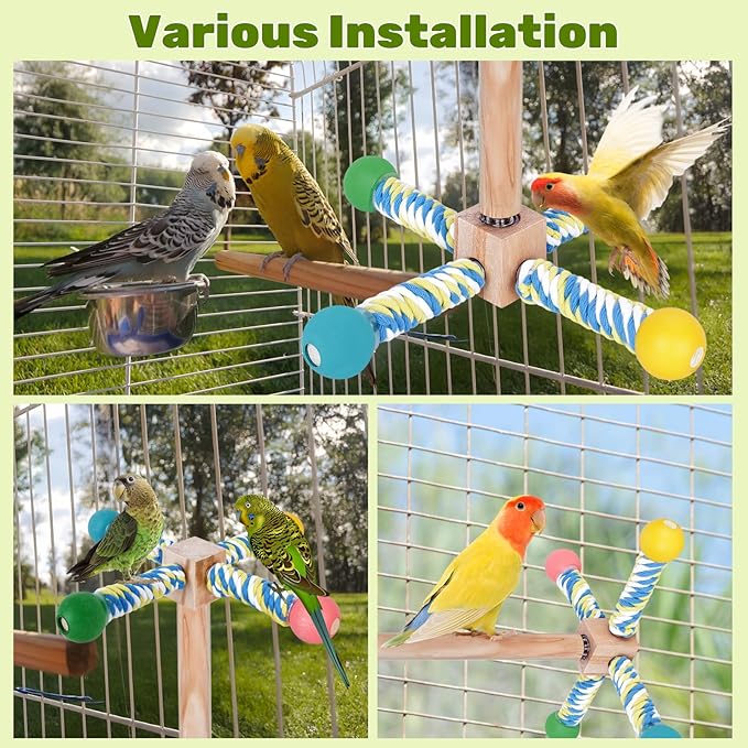 Bird Perch Toy, Parrot 360° Interactive Rotating Toy for Parakeets - Natural Wood & Cotton Rope, Detachable Interactive Bird Toy, Chewable Design Reduces Boredom Anxiety for Small Birds