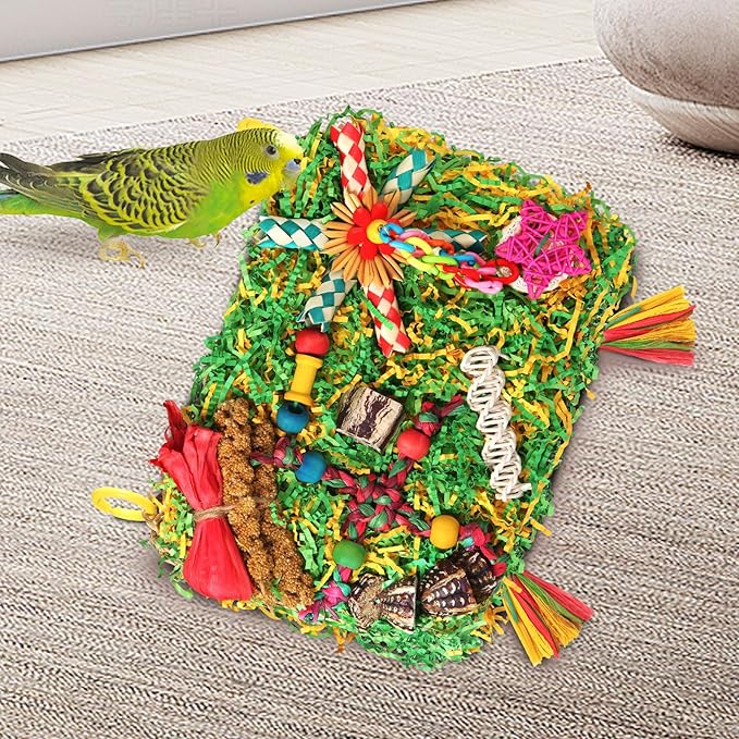 Bird Toys Parakeet Toys,Large-Sized Parrot Foraging & Shredding Cage Hanging Toys with Seagrass Mat for Budgies,Cockatiels,Lovebirds,Conures Small & Medium Parrots (Colorful with Starfruit (1PCS))