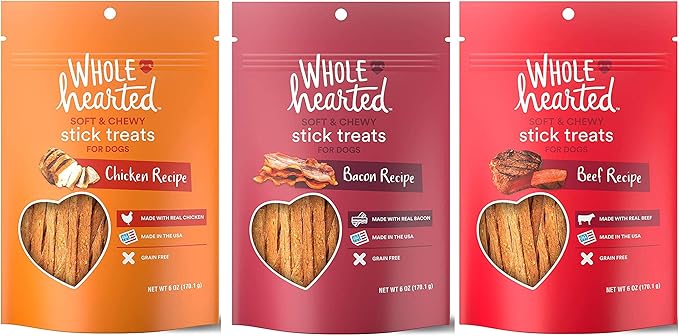 WholeHearted Grain Free Soft and Chewy Dog Stick Treats (Chicken & Beef & Bacon, 3-6 OZ)