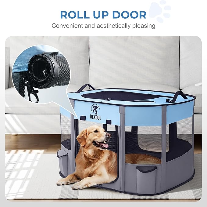 Foldable Pet Dog Playpen, Portable Dog Crate for Puppies, Cat, Rabbit, Chicks, Puppy Play Pen for Indoors, Kennel Tent Crate for Indoor Outdoor Travel Camping Use with Carrying Case (Blue, L)