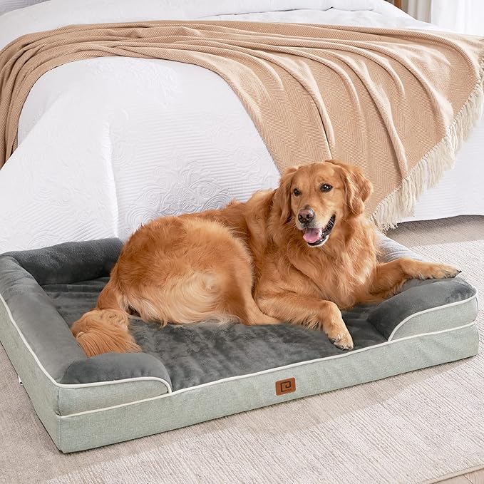 EHEYCIGA Orthopedic Dog Beds for Extra Large Dogs, Waterproof Memory Foam XXL Dog Bed with Sides, Non-Slip Bottom and Egg-Crate Foam Big Dog Couch Bed with Washable Removable Cover, Greyish Green
