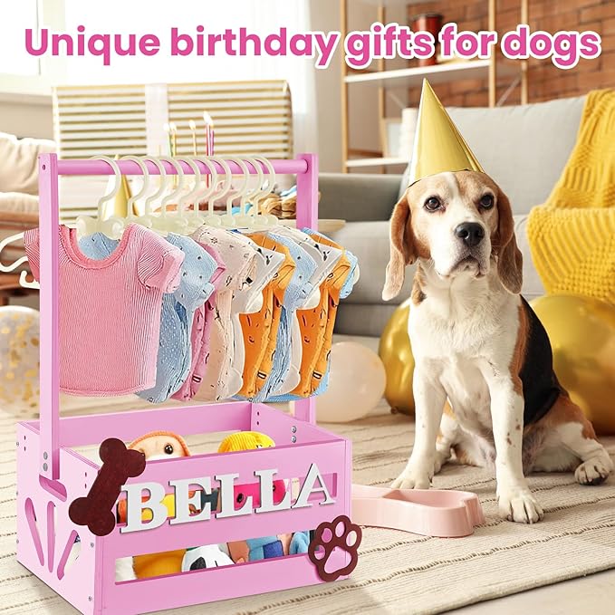 20" x 13" x 9" Wooden Pet Wardrobe Closet Crate Box with Hanging Rods and Personalized Pet Alphabet Letters Easy Assembly Baskets for Dog Cat Toys Clothes Accessories(Pink)
