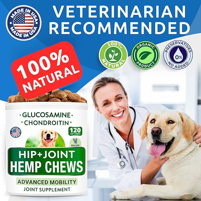Bark&Spark Hemp Treats + Glucosamine - Natural Joint Pain Relief - Hip & Joint Supplement w/MSM + Chondroitin + Hemp Oil + Omega 3 - Joint Pain Relief - Made in USA - Lamb Flavor - 240 Chews