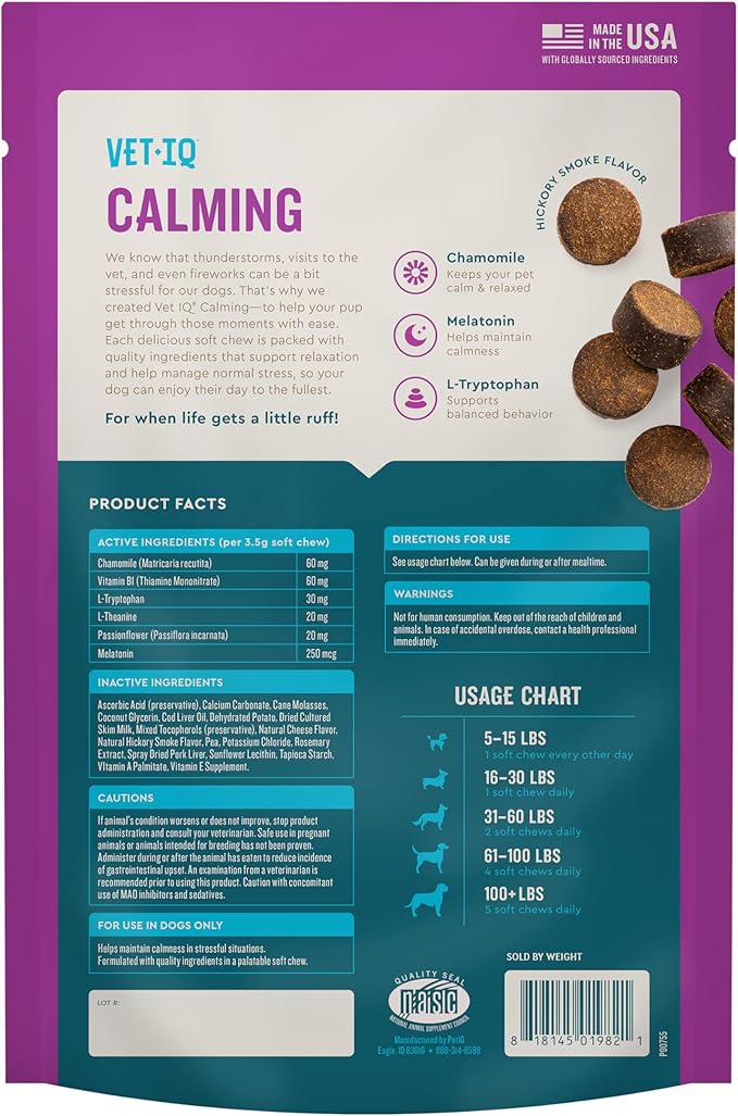 VetIQ Calming Support Supplement for Dogs, Calming Chews Help Manage Stress and Promote Relaxation, Anxiety Relief for Dogs, Made in The USA, 60 Count
