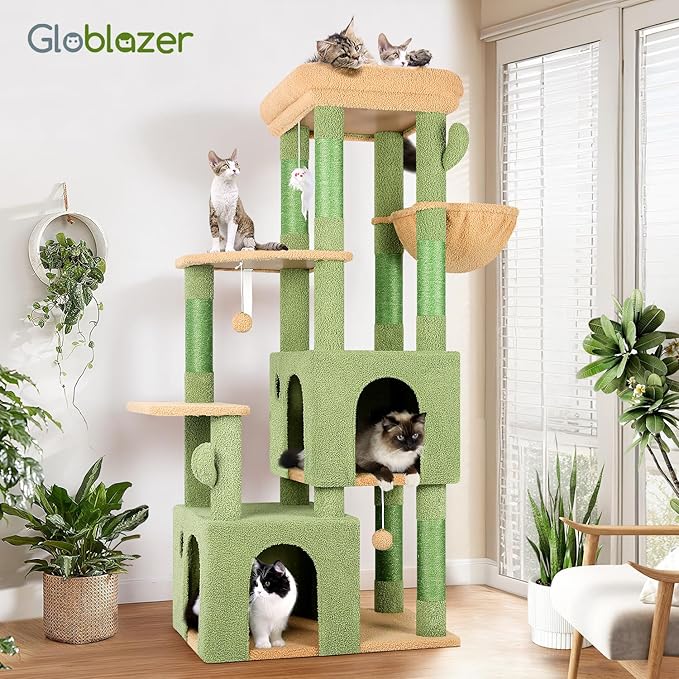 Globlazer Cactus Cat Tower for Indoor Cats, Heavy Duty Cat Trees for Large Cats Adult Big Cats Maine Coon Cat Tree Tower with Scratching Post, Extra Large Top Perch, Cat Condos, F61, Green, 61inch