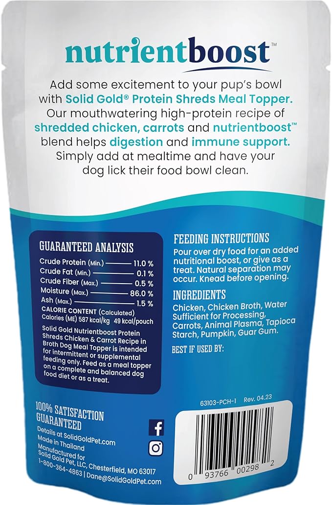 Solid Gold Dog Food Topper - 12 Pack Protein Shreds Wet Dog Food Topper w/Chicken & Carrots - High Protein Meal Toppers for Dogs to Support Muscle Growth and Overall Immunity