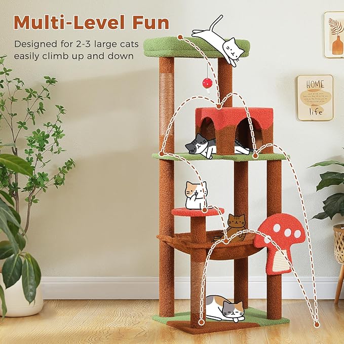 PETEPELA 56.3 Inches Mushroom Cat Tree Tower with Cute Mushroom Cat Scratching Board, Cat Condo, Extra Large Hammock and Plush Perches, Brown