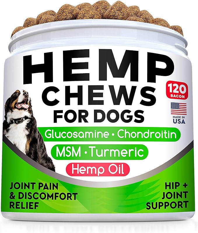 Hemp Chews for Dogs - Glucosamine Chondroitin for Dogs Joint Pain Relief with Hemp Oil, Hip & Joint Supplement Dogs, MSM Turmeric for Dogs Mobility, Dog Joint Supplement, Hemp Dog Treats Joints Health