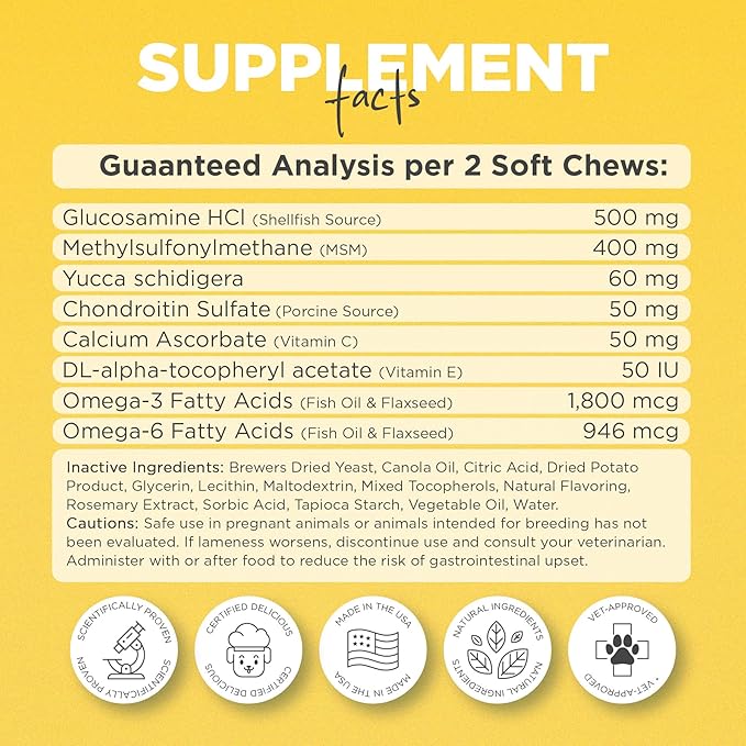 PetJoy Mobility Chews for Dog Arthritis Pain Relief - Hip and Joint Supplement for Dogs Senior and Large Breeds Glucosamine Chondroitin Joint Health Support (60 Chewable Bacon Treats)