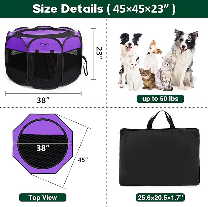 Love's cabin Pet Puppy Dog Playpen, Large Dog Tent Crates Cage Indoor/Outdoor, Portable Playpen for Dog and Cat, Foldable Pop Up Dog Kennel Playpen with Carring Case, Removable Zipper Top, Purple