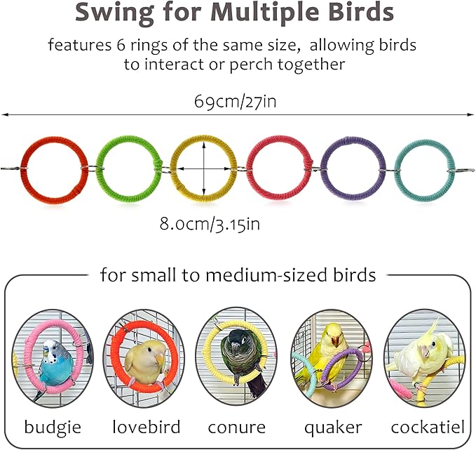 6-Ring Bird Swing Toy for Cage, Colorful Cotton Rope Perch for Parrots Soft Grip, DIY Adjustable Hanging Parakeet Toys, Interactive Multi-Bird Swing and Climb for Budgies, Lovebirds, Cockatiels