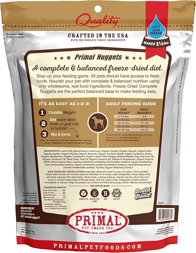 Primal Freeze Dried Raw Dog Food Nuggets, Lamb, Complete & Balanced Meal, Also Use as Topper or Treat, Premium, Healthy, Grain Free, High Protein Raw Dog Food, 5.5 oz