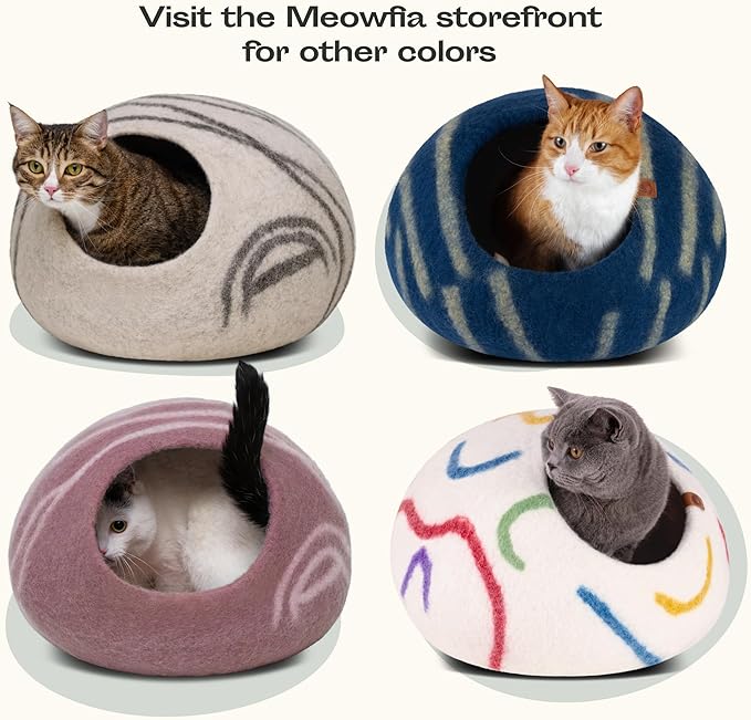 MEOWFIA Cat Cave – Premium Felt Cat Bed for Indoor Cats, Handmade 100% Merino Wool (Light Grey, Large)