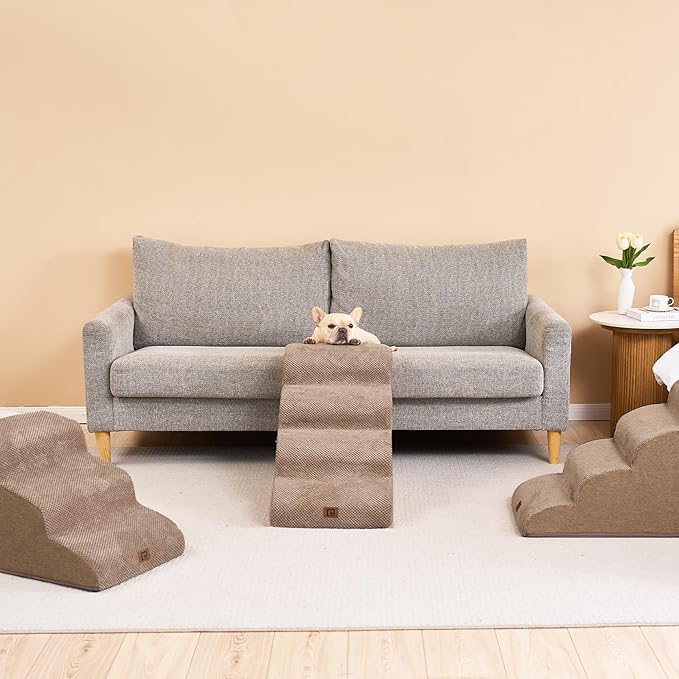 EHEYCIGA Curved Dog Stairs Ramp for High Beds 19.7" H, 4-Step Dog Steps for Small Dogs and Cats, Pet Stairs for High Bed Climbing, Non-Slip Balanced Pet Step Indoor, Camel