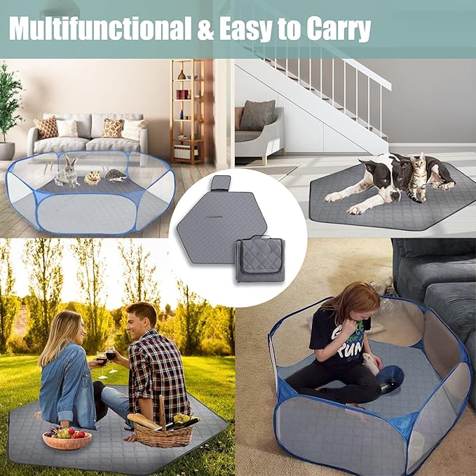 Hexagon Washable Liner for Small Animal Playpen, Portable Reusable Guinea Pig Playpen Pad Hamster Cage Pee Pad Super Absorbent Indoor Waterproof Anti-Slip for Rabbit Bunny (Grey)