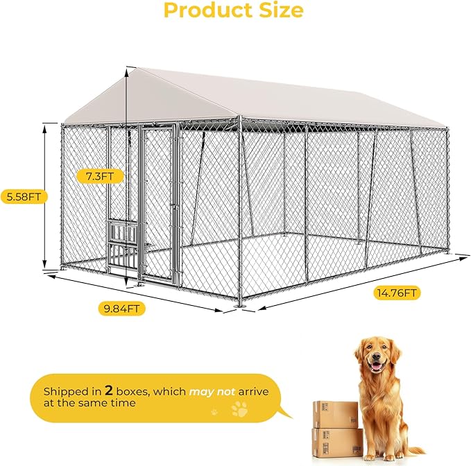 10 x 15FT Large Outdoor Dog Kennel with Bowls, Dog Kennel Outside with Waterproof Cover Roof, Galvanized Heavy Duty Chain Link Dog Runs Cage Playpen for Outside with Secure Lock