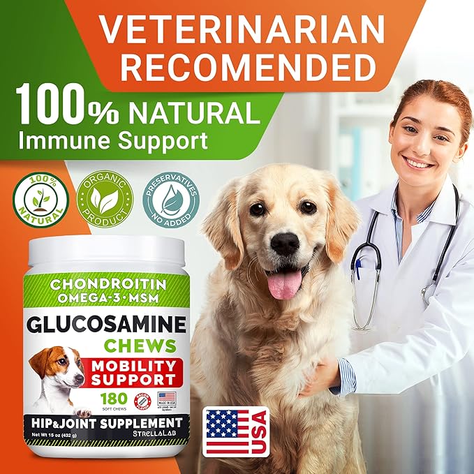 Glucosamine Treats for Dogs - Hip & Joint Supplement w/Omega-3 Fish Oil - Chondroitin, MSM - Advanced Mobility Chews - Joint Pain Relief - Hip & Joint Care - Bacon Flavor - 180 Ct - Made in USA