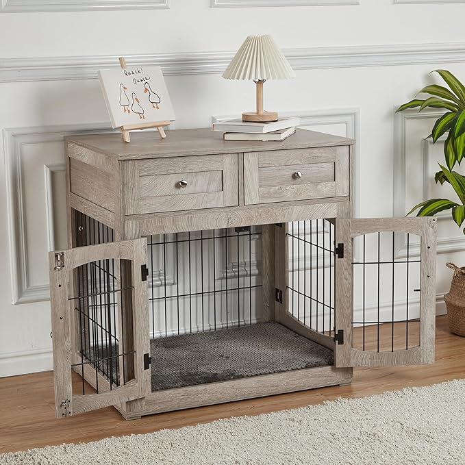 Dog Crate Furniture with Double Drawers, Wooden End Table Dog Kennel, Furniture Style Wood House Crate for Small/Medium/Large Dogs, Decorative Dog Crate with Storage for Large Breed, 40 Inch, Gray