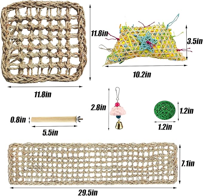 Bird Foraging Wall Toys Parrot Seagrass Mat Activity Climbing Net ladder 29.5''X7.1''&11.8''x11.8'' Hanging Hammock Cage Chew Toys with Ball Toys for Parakeet Cockatiel Conure Cockatoo Budgie Lovebird